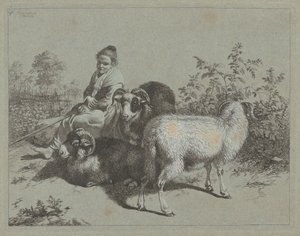 Bergère assise avec trois béliers