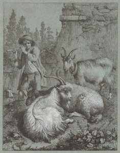 Berger jouant de la flûte avec des chèvres