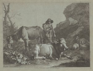 Berger se Reposant sur un Bâton avec un Vieux Cheval et un Taureau Allongé - Francesco Londonio