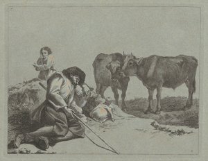 Berger endormi, deux veaux et une paysanne - Francesco Londonio