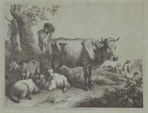 Vache debout et un berger avec son troupeau - Francesco Londonio