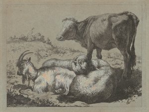 Bœuf debout, deux moutons et une chèvre, vers 1762