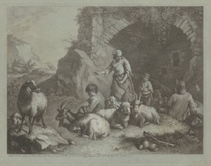Femme, bergers et moutons près d