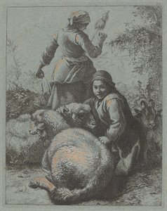 Femme fileuse et un berger avec troupeau