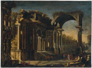 Capriccio avec ruines romaines et Christ avec la femme adultère - Francesco Maglioli