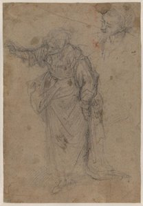 Femme lourdement drapée, debout, tournée vers la droite et regardant vers le bas avec son bras droit tendu, et une esquisse pour une tête