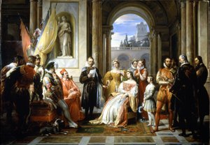 Torquato Tasso (Le Muche) lisant sa Jérusalem délivrée (La Gerusalemme Liberata) à la cour de Ferrare. Peinture de Francesco Podesti (1800-1895) - Francesco Podesti