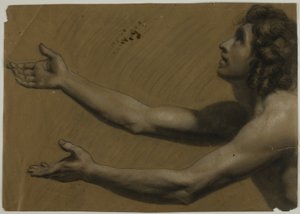 Jeune homme regardant vers le haut avec les bras tendus (recto) ; femme tenant un miroir (verso) - Francesco Podesti