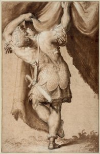 Jeune guerrier, vu de derrière, levant un rideau - Francesco Salviati