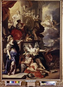 Allégorie du règne. Le médaillon au centre représente le visage de la reine Catherine II de Russie (1729-1796). Peinture de Francesco Solimena (1657-1747). - Francesco Solimena