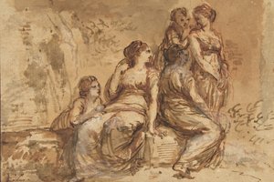 Cinq jeunes femmes dans un paysage