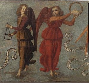 Anges jouant du tambourin et du triangle, vers 1475-97 (détail) - Francesco attr. to Botticini
