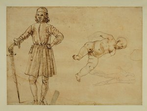 Un enfant assis ; un homme debout tenant une épée ...