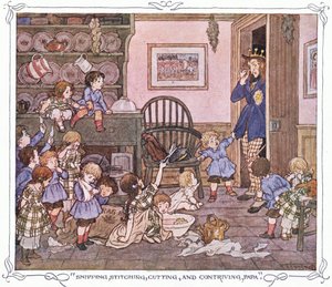 "Snipping, stitching, cutting and contriving, Papa", extrait de The Magic Fishbone publié par Warne  Co, c.1940 (lithographie en couleur) - Francis Donkin Bedford