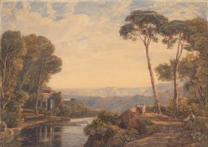 Paysage avec un temple et des figures près d