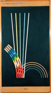 Tout le monde. Couleurs noires, lignes blanches, rouges, bleues, jaunes, courbes, lignes droites, arcs.