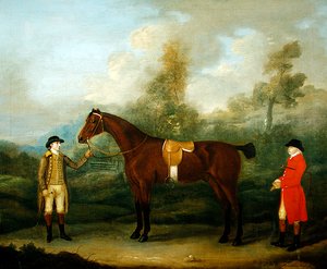 Chasseur avec son cheval et son palefrenier