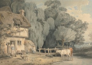 Scène de campagne : figures près de la porte d
