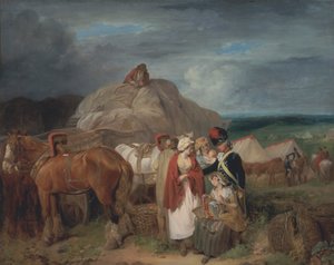 Soldat avec des paysannes vendant des rubans, près d