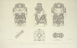 Idole aztèque en porphyre basaltique, trouvée sous la Grand-Place de Mexico, gravée par Cloquet, illustration de 