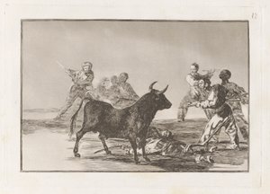 Desjarrete de la canalla con lanzas, medias-lunas, banderillas y otras armas, Planche 12 de La tauromaquia - Francisco de Goya
