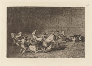 Dos grupos de picadores arrolados de seguida por un solo toro, Planche 32 de La tauromaquia - Francisco de Goya