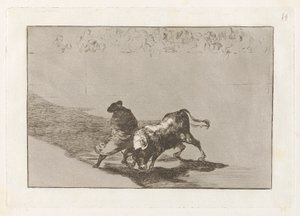 Le très habile étudiant de Falces, enveloppé dans sa cape, trompe le taureau avec le jeu de son corps, Planche 14 de La tauromachie - Francisco de Goya
