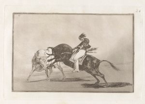 El mismo Ceballos montado sobre otro toro quiebra rejones en la plaza de Madrid, Planche 24 de La tauromaquia - Francisco de Goya