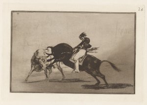 El mismo Ceballos montado sobre otro toro quiebra rejones en la plaza de Madrid, Planche 24 de La tauromaquia - Francisco de Goya