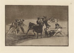 Les Maures utilisent des ânes comme barrière pour se défendre contre le taureau aux cornes emboulées, Planche 17 de La tauromachie - Francisco de Goya