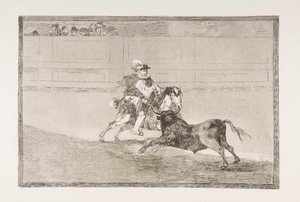 Planche 13 de la Tauromaquia : Un chevalier espagnol monté dans l