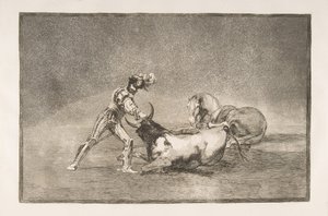 Planche 9 de la Tauromachie: Un chevalier espagnol tue le taureau après avoir perdu son cheval, 1816 - Francisco de Goya