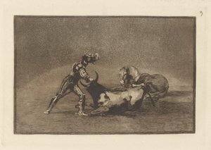 Un chevalier espagnol tue un taureau après avoir perdu son cheval, Planche 9 de La tauromachie - Francisco de Goya