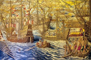 Les navires et les embarcations - (détail) de la conquête de Tunis - Tapisserie par Francisco et Cornelius Van der Goten (18ème siècle), tissée à la manufacture royale de tapisseries, milieu du 18ème siècle, d