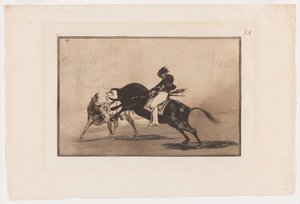 Planche 24 de La Tauromaquia: Le même Ceballos monté sur un autre taureau casse des lances courtes dans l
