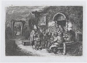 Planche 18 : musiciens de rue et autres figures devant une taverne, de la série des coutumes ..., 1850.