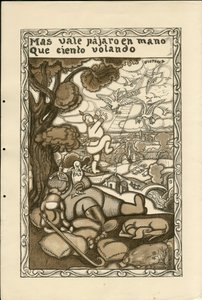 Illustration de Francisco Sancha Lengo (1874-1936) - Feuille volante, ca. 1915 - Mas vale pájaro en mano que ciento volando - Guerre de 14-18, Allemagne Prusse, Belligérants et symboles, Victoire, Paix, Langue espagnole, Presse étrangère - Francisco Sancha y Lengo