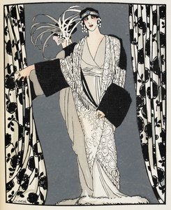 Blanc et noir. Une femme portant un costume conçu en 1855 par John Redfern, illustration de 