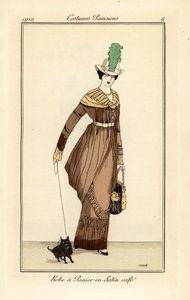 Femme en robe panier en satin couleur café avec chien de compagnie, gravure du Journal des Dames et des Modes de Tommaso Antongini, Aux Bureaux du Journal des Dames, Paris