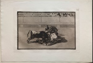 Corridas : Un picador est désarçonné et tombe sous le taureau, 1876 - Francisco de Goya