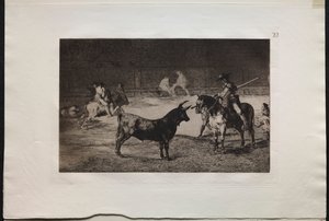 Corridas : Le célèbre picador, Fernando del Toro, attire la bête féroce avec sa pique - Francisco de Goya