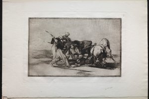 Corridas : Les Maures installés en Espagne, abandonnant les superstitions du Coran, ont adopté cet art de la chasse et lancent une lance à un taureau en plein air - Francisco de Goya