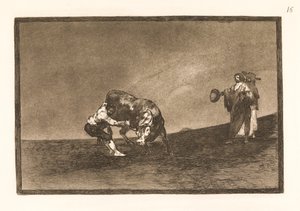 Le même homme tire un taureau à terre dans l