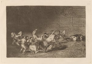 Dos grupos de picadores arrollados de seguida por un solo toro - Francisco de Goya