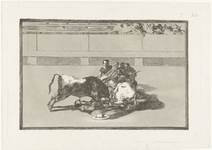 Un picador est jeté de son cheval et se trouve sous le taureau - Francisco de Goya