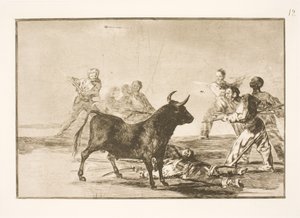 Le peuple affaiblit le taureau avec des lances, des faucilles, des banderilles et d