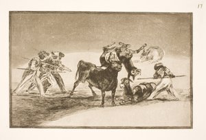 Les Maures utilisent des ânes comme barrière pour se défendre contre le taureau, dont les cornes ont été munies de boules - Francisco de Goya