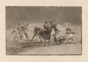 Les Maures utilisent des ânes comme barrière pour se défendre contre le taureau dont les cornes ont été emboulées - Francisco de Goya