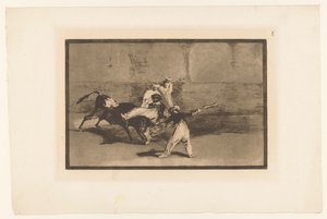 Stier wordt gegrepen door stierenvechters - Francisco de Goya