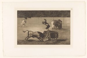 Stierenvechter staand op een tafel in de arena (série La Tauromaquia) - Francisco de Goya